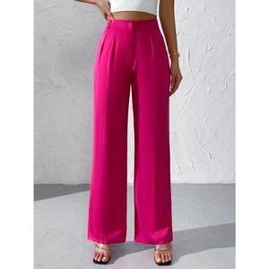 minimalist High Waist Plicated Detail Wide Leg pants hot pink